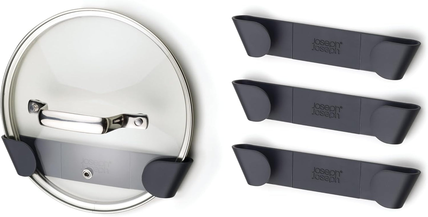 Joseph Joseph Cupboard Store - Set of 4 Pot and Pan Lid Holders Self Adhesive Wall Mount Storage Organizer, Suitable for Lids Up to 9 in , 3M VHB Tape Included, Gray