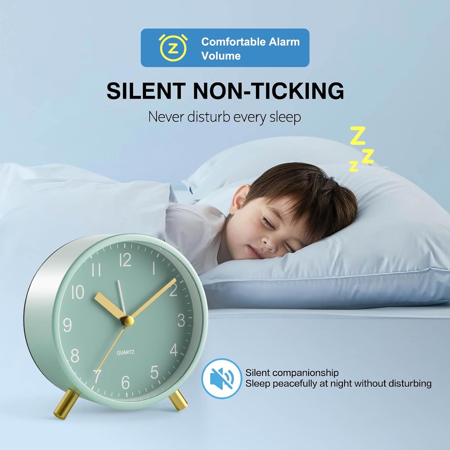 Back to School Silent Analog Quartz Alarm Clock for Kids Bedroom,Night Light, Battery Operated, Fashionable Round Metal