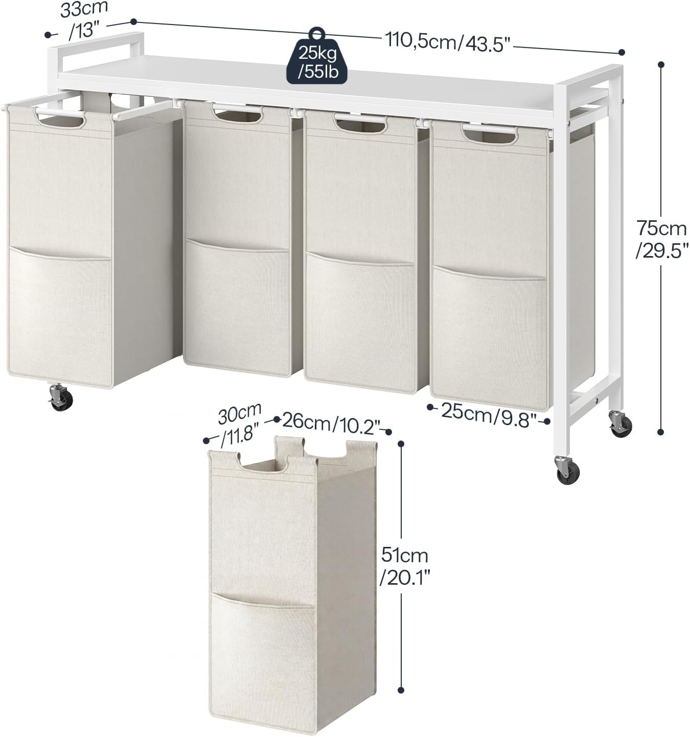 HOOBRO Laundry Sorter 4 Sections, Laundry Hamper with Wheels, 4 × 10.5 Gal (39.8L), Rolling Laundry Basket, Pull-Out and Removable Oxford Fabric Bags, Greige and Black BG04XY01