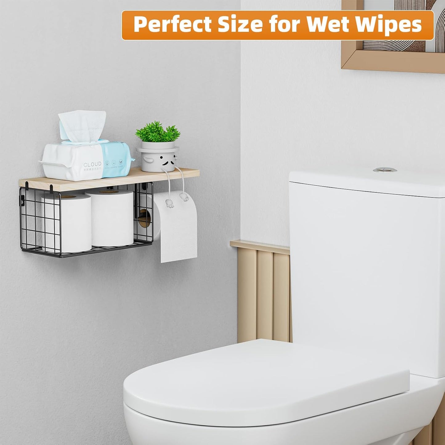 VITVITI Toilet Paper Holder with Shelf, Wall Mounted Storage Basket, Brown | Farmhouse Wall Mount Toilet Paper Holder Shelves, Wood Metal Toilet Roll Wipes Holder for Bathroom