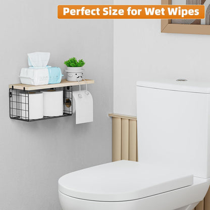 VITVITI Toilet Paper Holder with Shelf, Wall Mounted Storage Basket, Brown | Farmhouse Wall Mount Toilet Paper Holder Shelves, Wood Metal Toilet Roll Wipes Holder for Bathroom