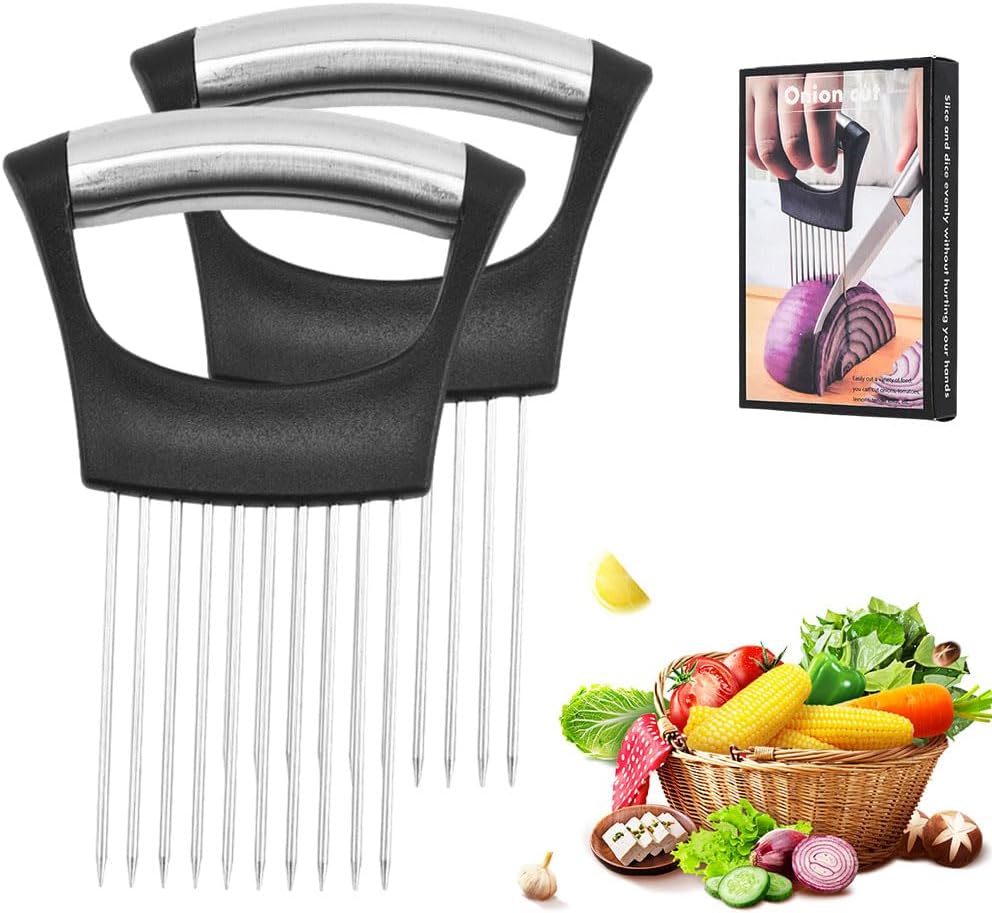 Onion Holder for Slicing, Upgrade Stainless Steel Onion Slicer Holder Cutter, Lemon Slicer Vegetable Cutter, Chopper Slicing Assistant Tool for Meat, Potato, Tomato Kitchen Tools (1)