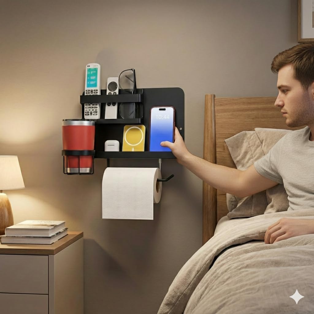 Bedside Shelf for Bed, Metal Floating Nightstand Wall Organizer, No Drill Dorm Room Essentials, Heavy Duty Caddy with Cup Holder & Charging Station for Bunk Bed, Loft, Remote - Matte Black