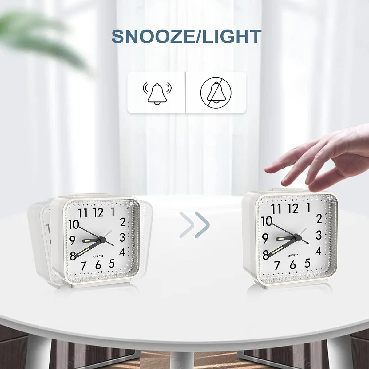 Analog Alarm Clock, Silent Non Ticking Table Clock, Travel Bedside Clock with Snooze, Night Light, Ascending Beep Sounds, Battery Operated Loud Small Clocks for Bedroom Travel Office, Black