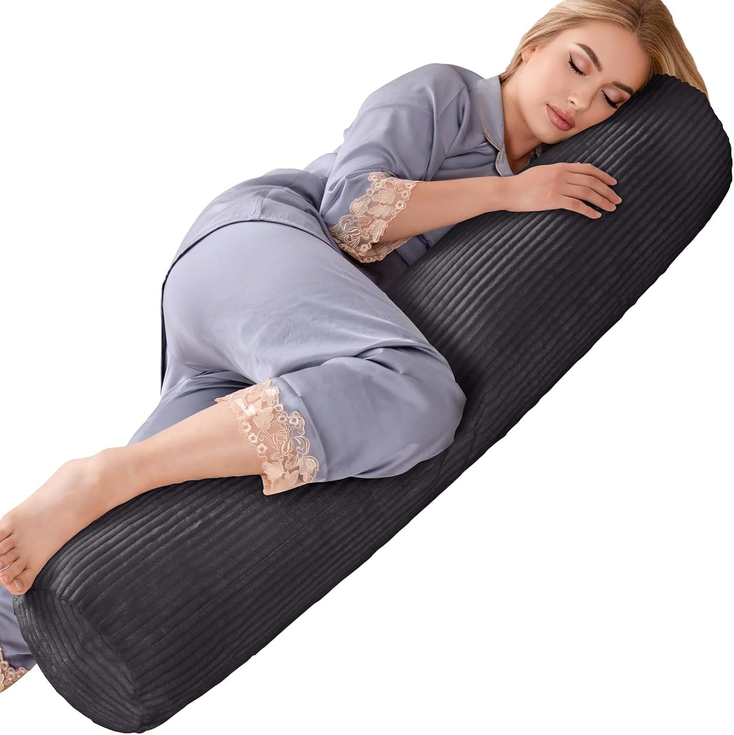 1 MIDDLE ONE Body Pillow for Adults, Bolster Pillow with Removable Velvet Cover, Long Round Cervical Roll Pillow, 35 x 7.87 Inches, Blue