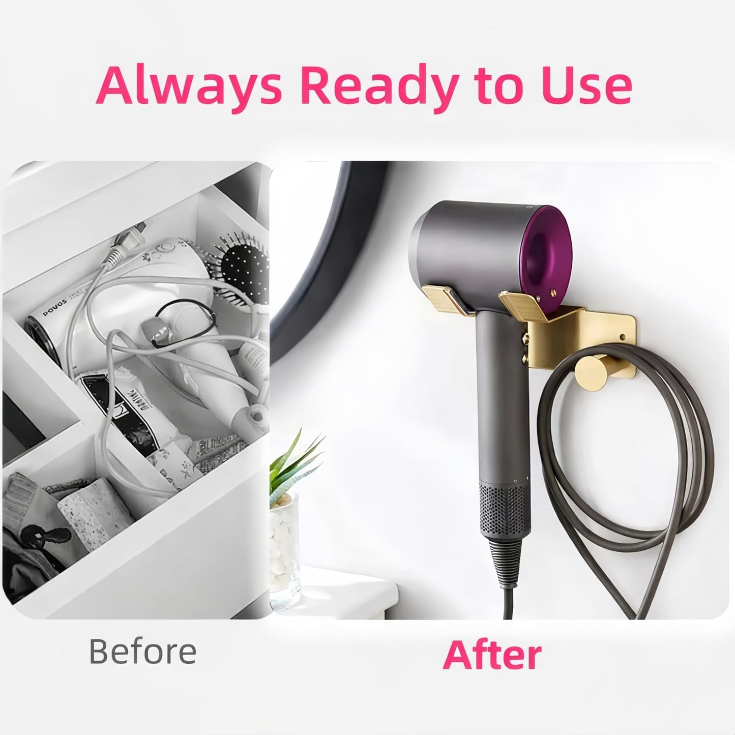 Hair Dryer Holder Wall Mounted, Stainless Steel Blow Dryer Holder for Bathroom, Hair Dryer and Straightener Holder Adhesive or Drilling, Hair Tool Organizer for Salon Barber Shops Banjekt