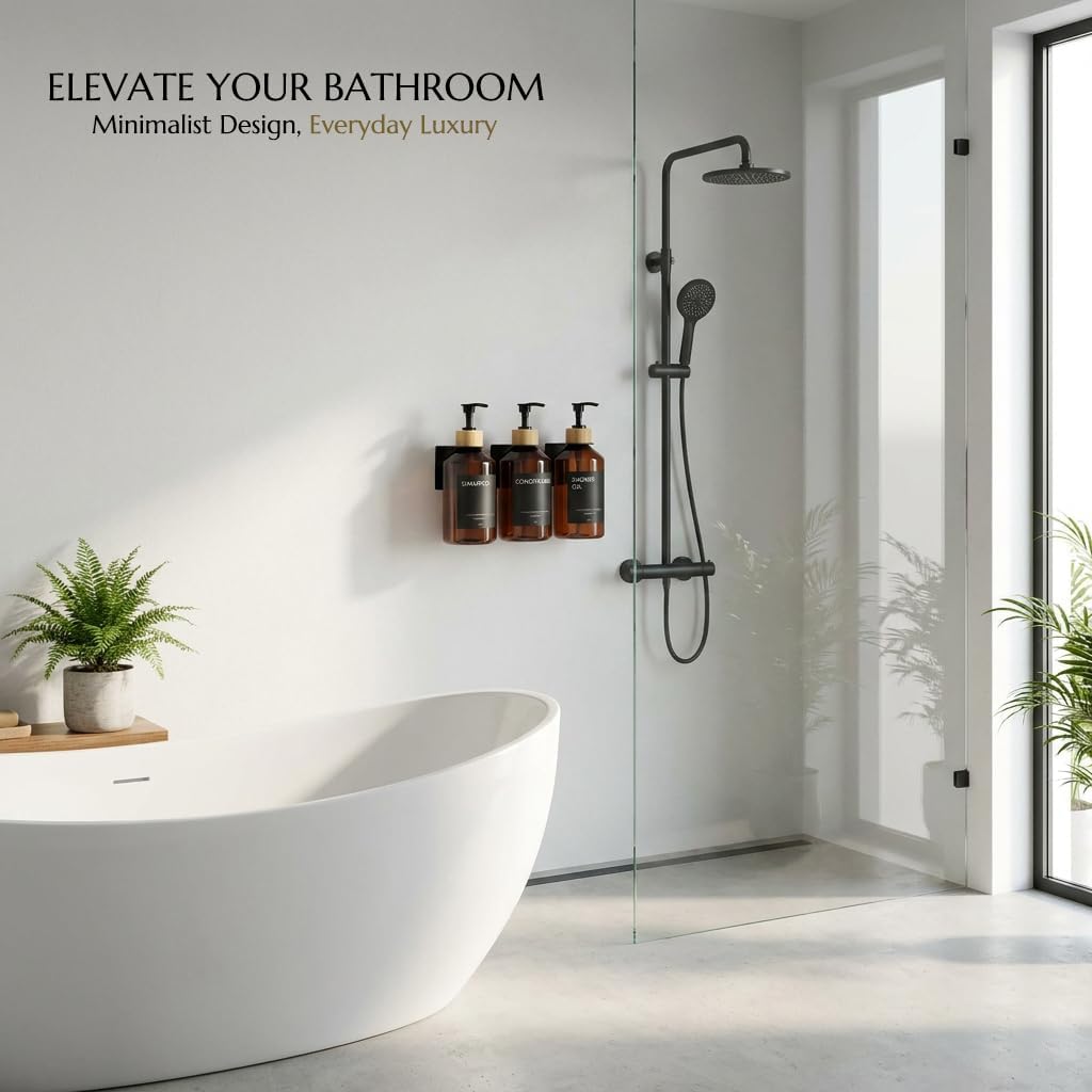 Shampoo and Conditioner Dispenser Set of 3 for Wall Mount | 16.9 fl oz Drill Free Shower Soap Bottles,Refillable Body Wash Dispensers for Bathroom Decor (Amber Bottles + Bamboo Pumps)