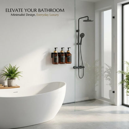 Shampoo and Conditioner Dispenser Set of 3 for Wall Mount | 16.9 fl oz Drill Free Shower Soap Bottles,Refillable Body Wash Dispensers for Bathroom Decor (Amber Bottles + Bamboo Pumps)