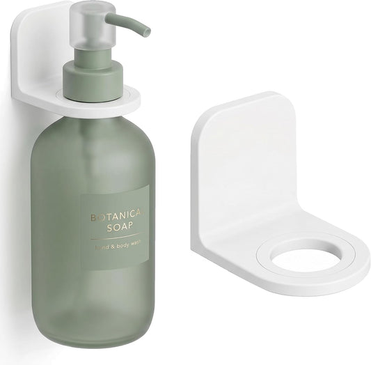 [Strong Adhesive] Shower Bottle Holder Wall Mounted, [Fits Most Pump Bottles] Drill-Free Soap Dispenser Rack for Bathroom & Kitchen, Minimalist Lotion & Shampoo Hook with 2 Size Adapter Rings - 1pcs