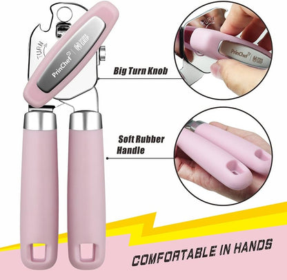 [Smoother Cut] PrinChef Manual Can Opener with Magnet, Improved Handle for More Comfortable Grip, Handheld Can Openers for Seniors, Heavy Duty Can Opener Smooth Edge, Bottle Opener Easy to Use, Black