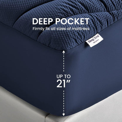 SLEEP ZONE Cooling Queen Mattress Topper, Premium Zoned Cool Mattress Pad Cover, Padded Mattress Protector Breathable Washable, Deep Pocket 8-21" (Grey, Queen)