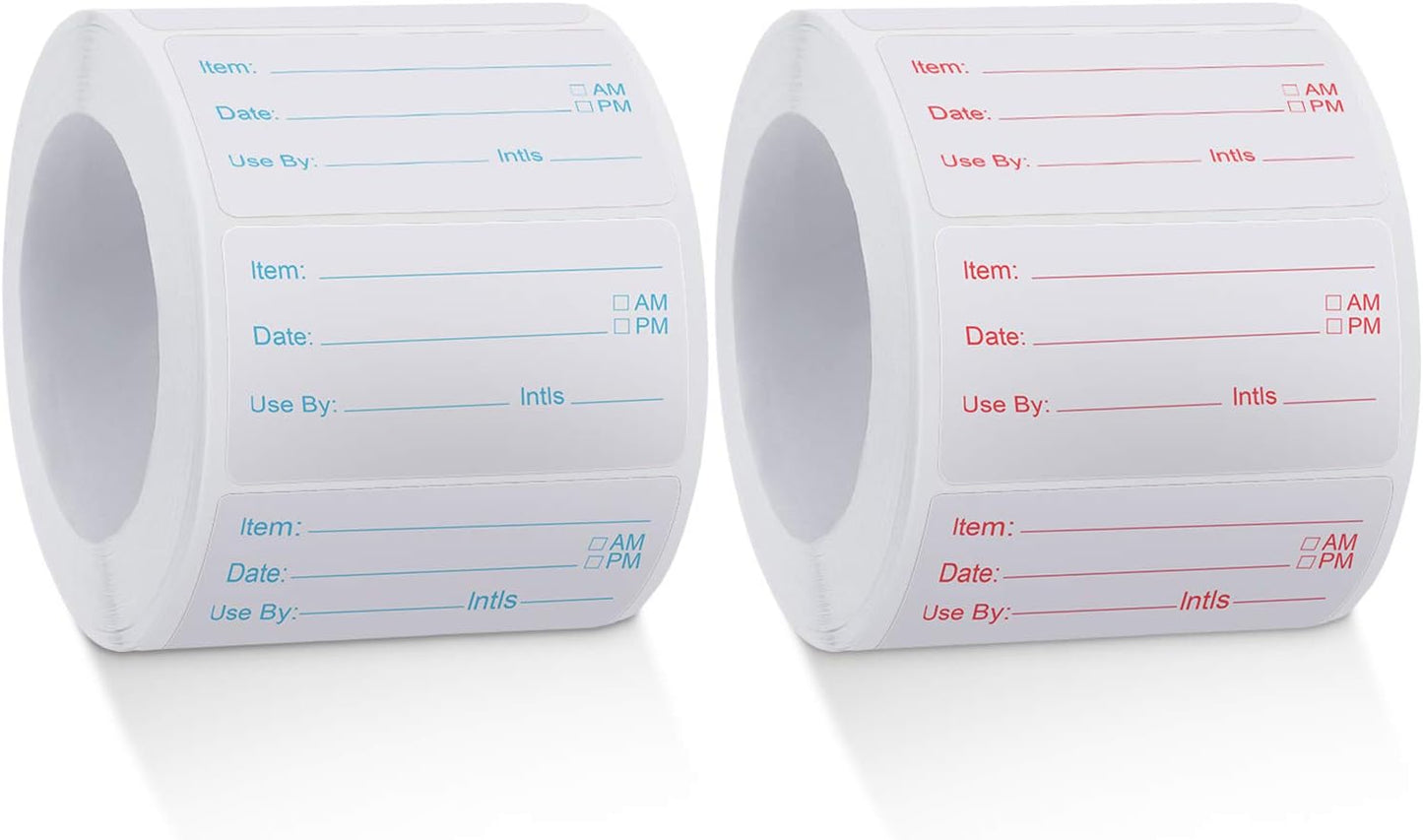 Outus 1000 Pcs Dissolvable Food Labels for Container Removable Canning Labels Food Storage Stickers for Home Restaurant Canning Container Rotation, Red and Blue, 500 Labels Per Roll