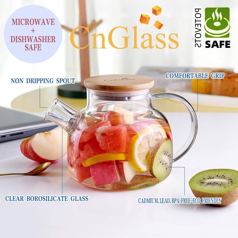 CnGlass Glass Teapot Stovetop Safe,30.4oz Clear Tea pot with Removable Filter Spout,Loose Leaf and Blooming Tea Maker