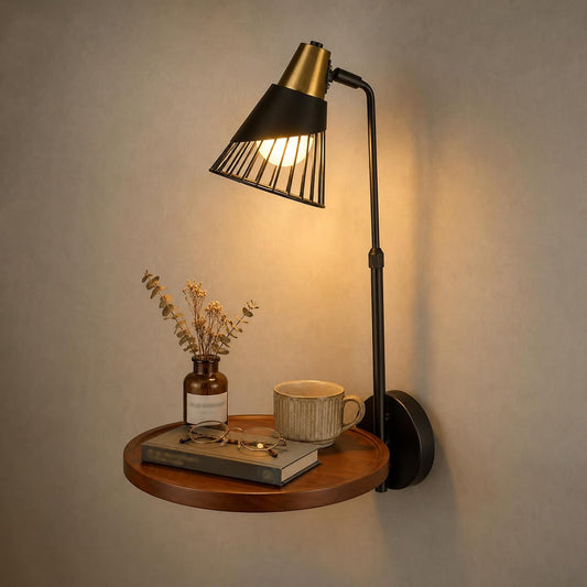 Hamilyeah Cordless Wall Sconce with Shelf, Industrial Battery Operated Wall Lamp with Rechargeable 15-Color RGB Bulb, Remote Control Dimmable Wall Light, Floating Wooden Shelf for Bedroom Living Room