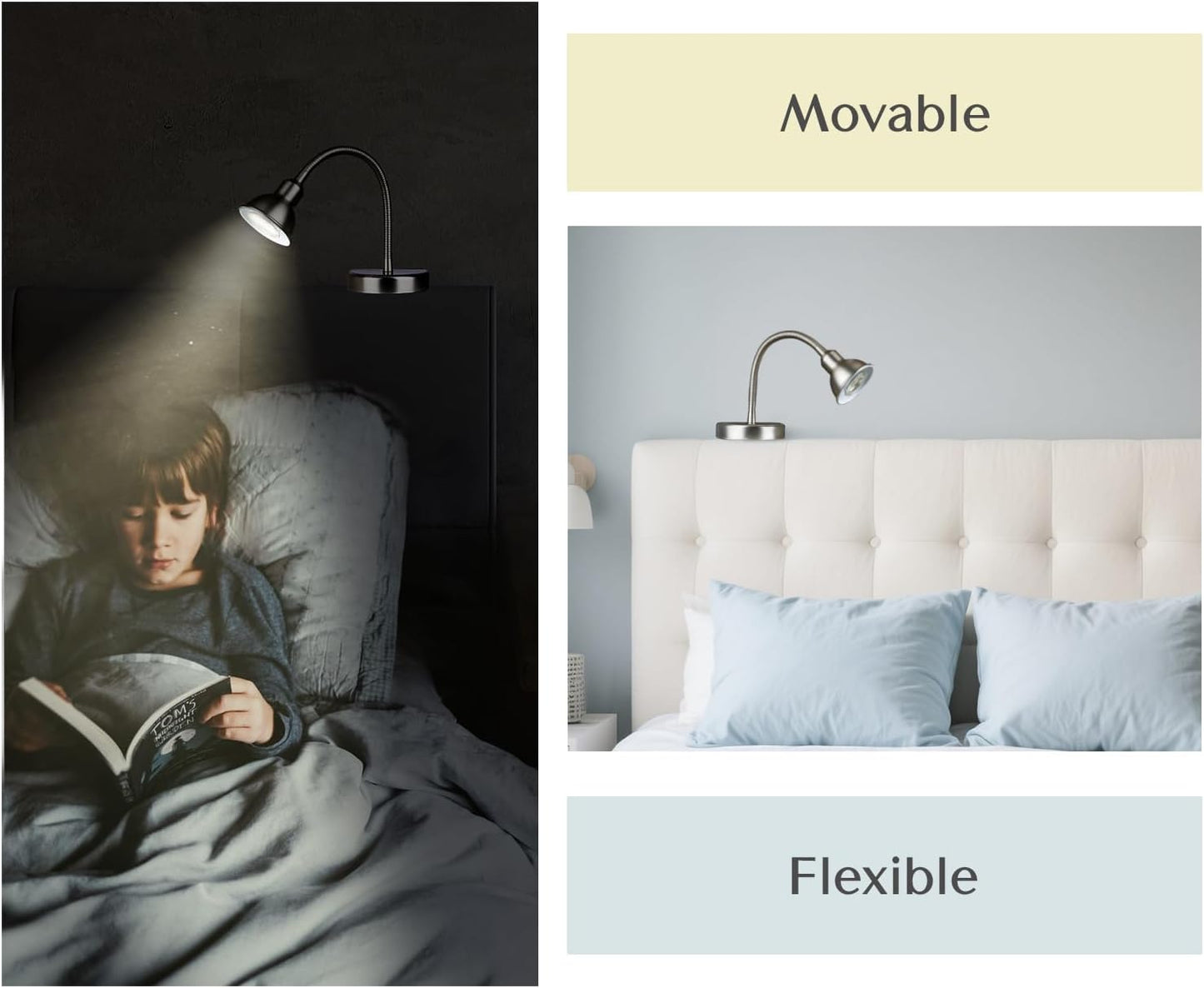 Solfres Patented Innovative Design Headboard Reading Light. No Drilling Golden Book Light for Bedtime Reading. Dimmable LED Book Reading Lamp with Bulb. Movable & Flexible, Black