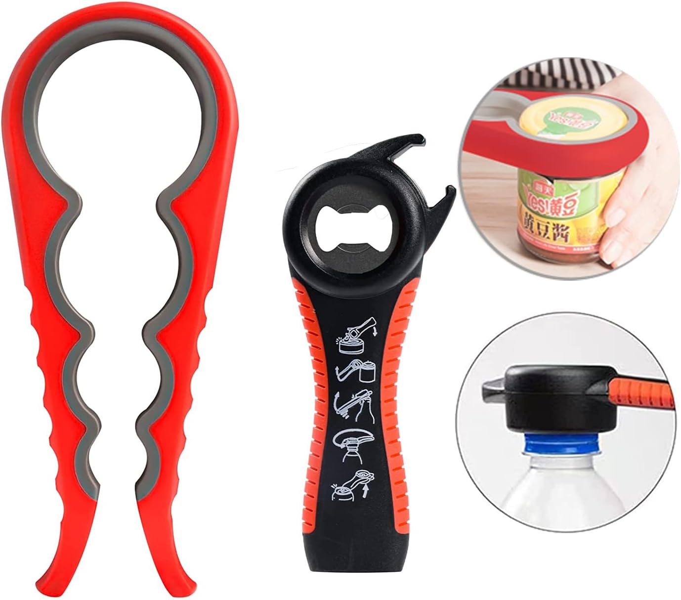 Jar Opener Bottle Opener for Weak Hands, 5 in 1 Multi Function Can Opener Bottle Opener Kit with Silicone Handle Easy to Use for Children, Elderly and Arthritis Sufferers, Red