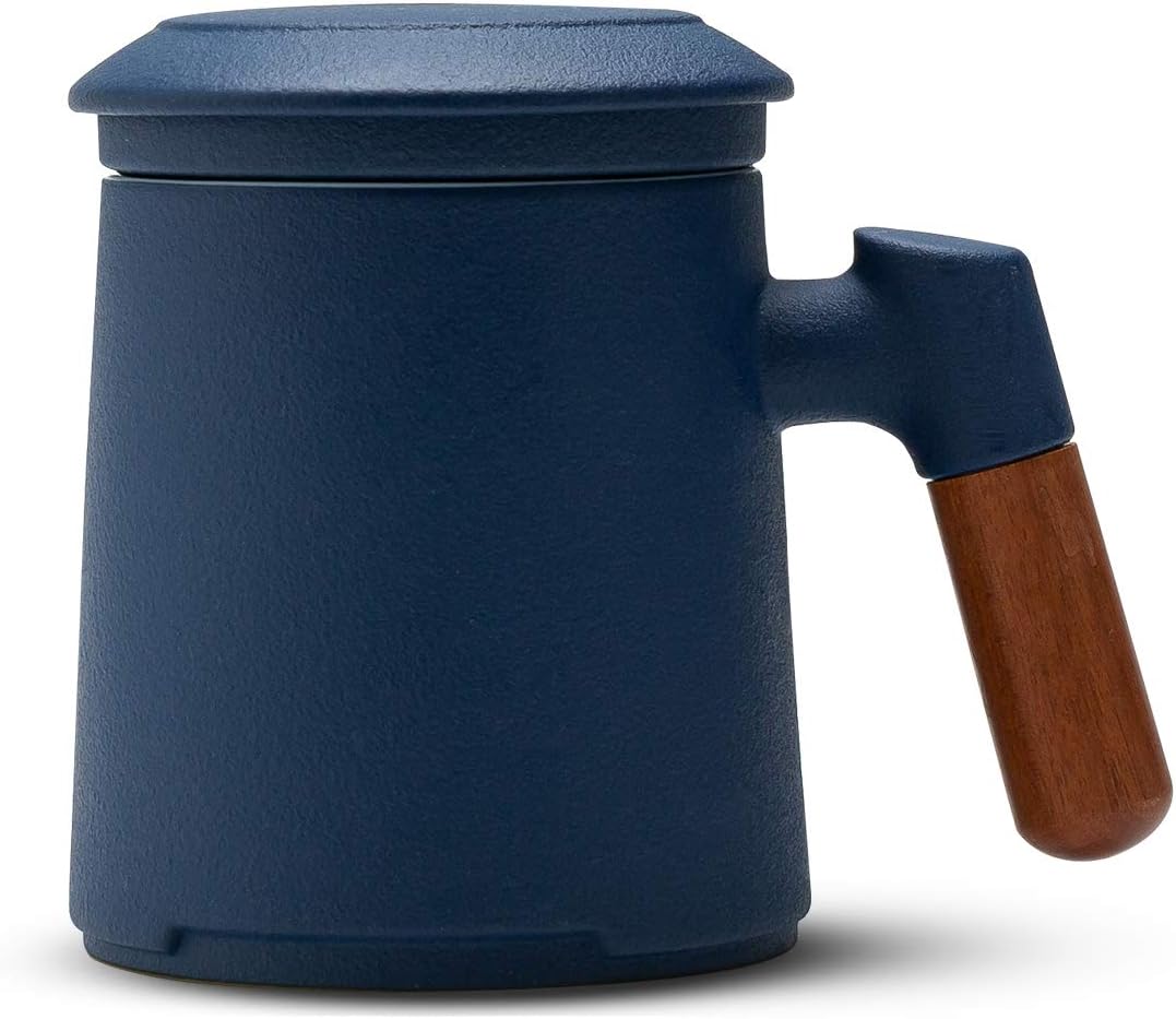 ZENS Tea Mug with Infuser and Lid for Loose Leaf Tea Steeper, 16.9oz Moss | Embossed Ceramic Tea Cup with Infuser for Herbal Tea Difussers, Tea Lovers Gifts, Nature Wood Handle
