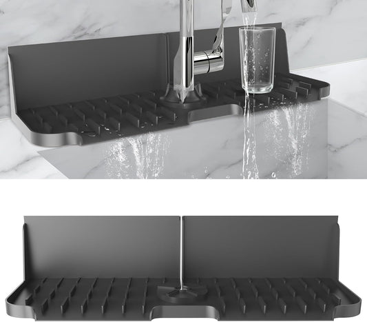 17” x 5.5” Silicone Faucet Handle Drip Catcher Tray Mat, Silicone Faucet Mat Dish Soap Sponge Holder for Kitchen Sink, Drying Mat for Kitchen Counter Bathroom Kitchen Sink Splash Guard - Black
