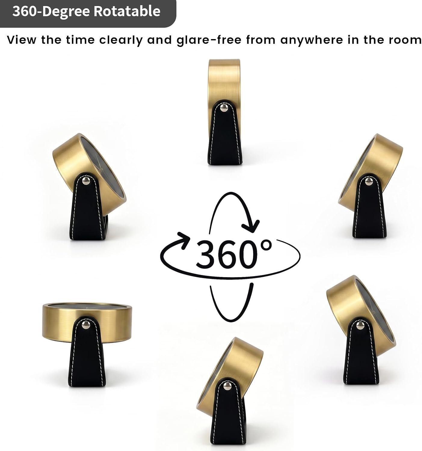 Analog Alarm Clock - 4.5" Silent Non Ticking Small Clock with Light, Rotatable Stand Metal Desk Clock Battery Operated, Simple Design for Living Room Decor/ Bedroom/Bedside/Shelf (Black & White)