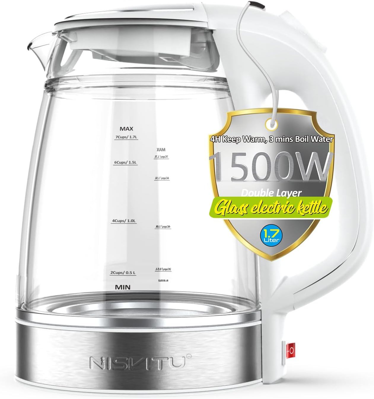 NISVITU 1.7L Dual Wall Cool Touch BPA-Free Electric Kettle, White | Glass Inner+PC Outer, 1500W Fast Boil Cordless Hot Water Boiler Electric Tea Kettle, Auto Shut-Off+Keep Warm