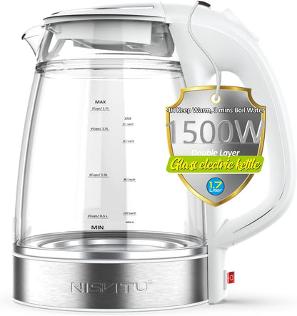 NISVITU 1.7L Dual Wall Cool Touch BPA-Free Electric Kettle, White | Glass Inner+PC Outer, 1500W Fast Boil Cordless Hot Water Boiler Electric Tea Kettle, Auto Shut-Off+Keep Warm