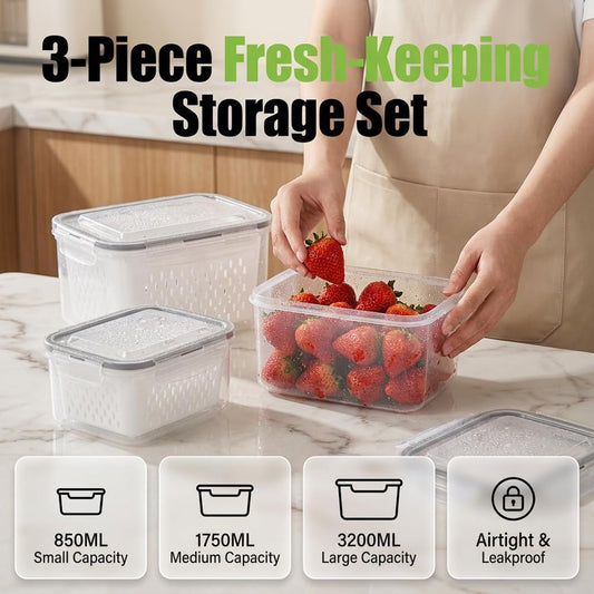 Fruit Storage Containers for Fridge with Removable Colanders and Lids | 4-in-1 Multifunctional transparent plastic produce containers, leakproof fridge organizers for Fruit, vegetables & meal prep