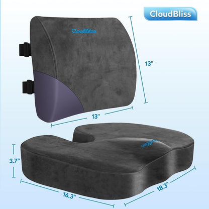 CloudBliss Lumbar Support Pillow & Seat Cushion Set for Office Chair, Desk Chair, Wheelchair & Car – Memory Foam Back Support, Ergonomic Chair Cushions, Sciatica Pain Relief, Home Essentials, Black