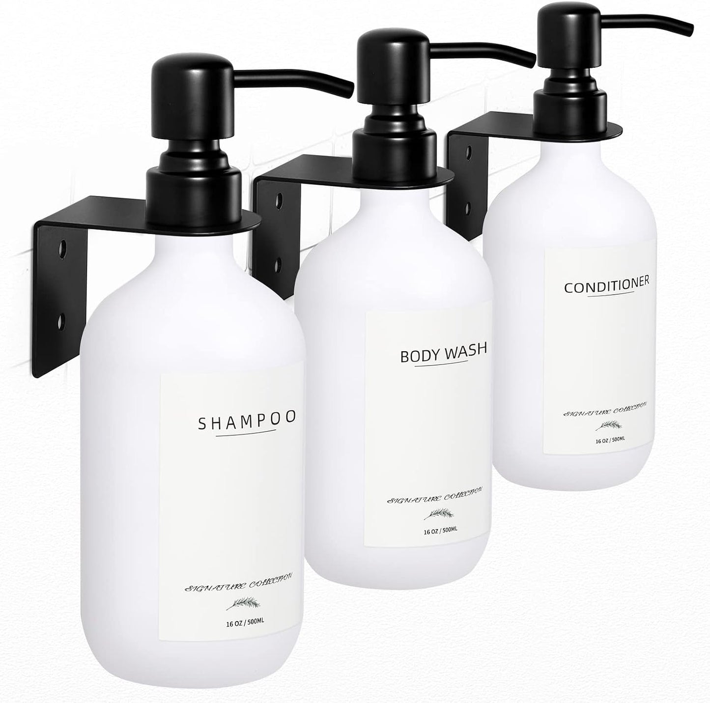 Supforce Shampoo Dispenser for Shower, No Drill Dispenser with Pump & Label | Shampoo and Conditioner Dispenser Wall Mount Set of 3, Pet Bottle Shower Soap Dispenser for Home Bathroom, Amber
