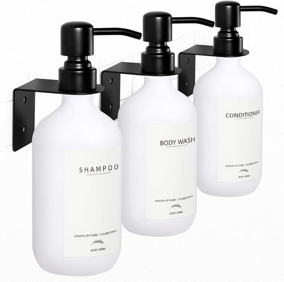 Supforce Shampoo Dispenser for Shower, No Drill Dispenser with Pump & Label | Shampoo and Conditioner Dispenser Wall Mount Set of 3, Pet Bottle Shower Soap Dispenser for Home Bathroom, Amber