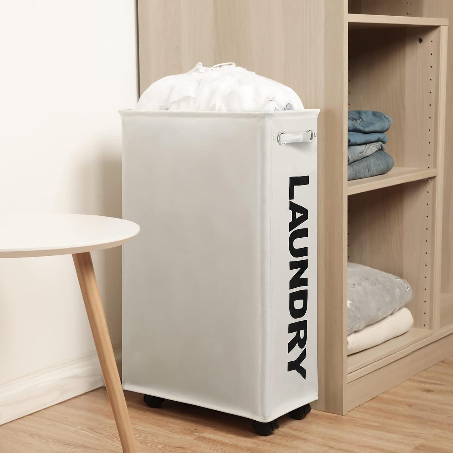 DOKEHOM 25" Slim Rolling Laundry Basket Hamper, Narrow on Wheels, Grey | Collapsible narrow laundry hamper with mesh drawstring closure. Foldable corner clothes storage bin for small spaces