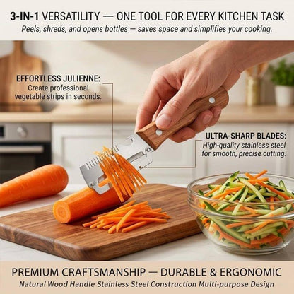 Multifunctional Vegetable Peeler,3 in 1 Stainless Steel Potato Peeler with Bottle Opener,Wooden Handle Fruit&Veggie Peeler for Kitchen,Carrot Apple Peeling Tool, GreenOnion Shredder Kitchen Gadget,1PC