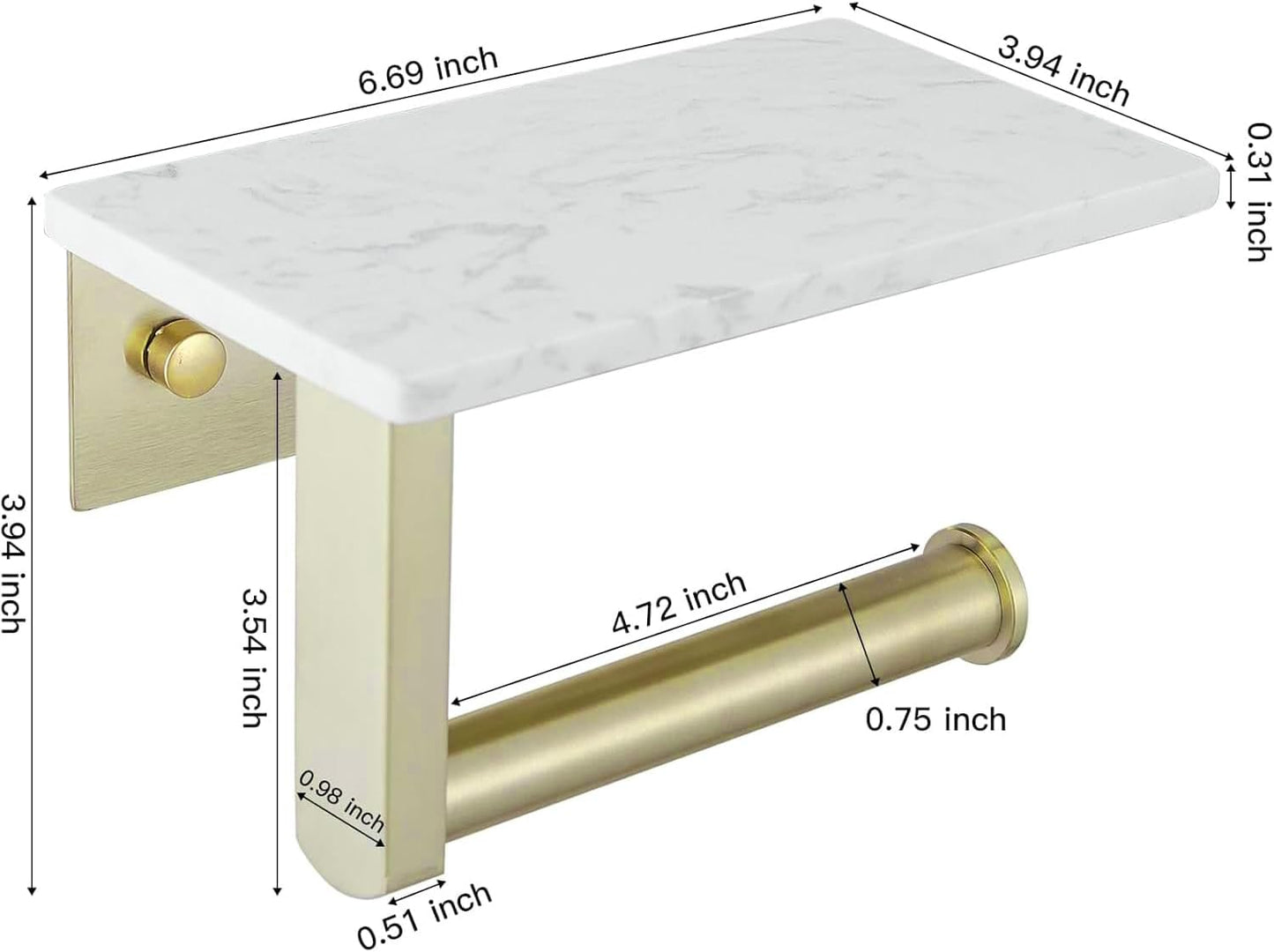 BWE Brushed Gold Toilet Paper Holder with Marble Shelf Wall Mounted | Toilet Paper Roll Holder with Phone Shelf 304 Stainless Steel Tissue Holder for Bathroom Washroom,Saving Space