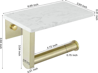 BWE Brushed Gold Toilet Paper Holder with Marble Shelf Wall Mounted | Toilet Paper Roll Holder with Phone Shelf 304 Stainless Steel Tissue Holder for Bathroom Washroom,Saving Space