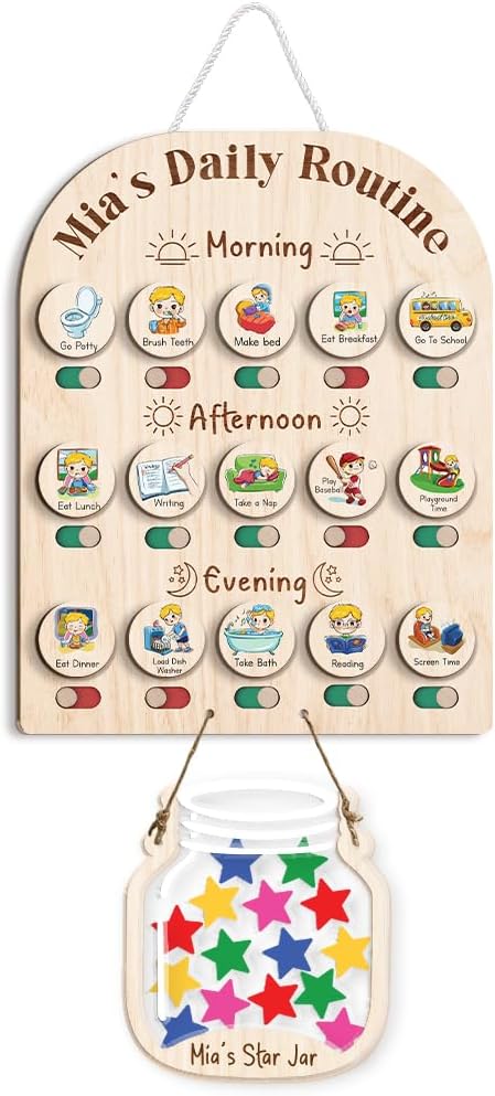 Daily Routine Chart for Kids, Visual Schedule, Routine Chart for Toddlers 3-5, Morning Bedtime Routine Chart for Toddlers, Wooden Chore Chart for Kids