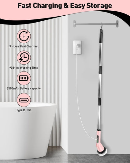 Electric Spin Scrubber for Bathroom, Shower Scrubber with Long Handle | Shower Cleaner Brushes, IPX7 Waterproof & 2 Speed, 3 Brush Heads, 90min Runtime, Bathroom Cleaning Supplies for Toilet Tub