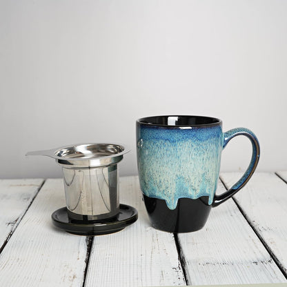 Bosmarlin Ceramic Tea Cup with Infuser and Lid, 13.5 Oz, Loose Leaf Tea Steeper Mug with Strainer, Microwave and Dishwasher Safe, Reactive Glaze (13.5 Oz, Pale Green)