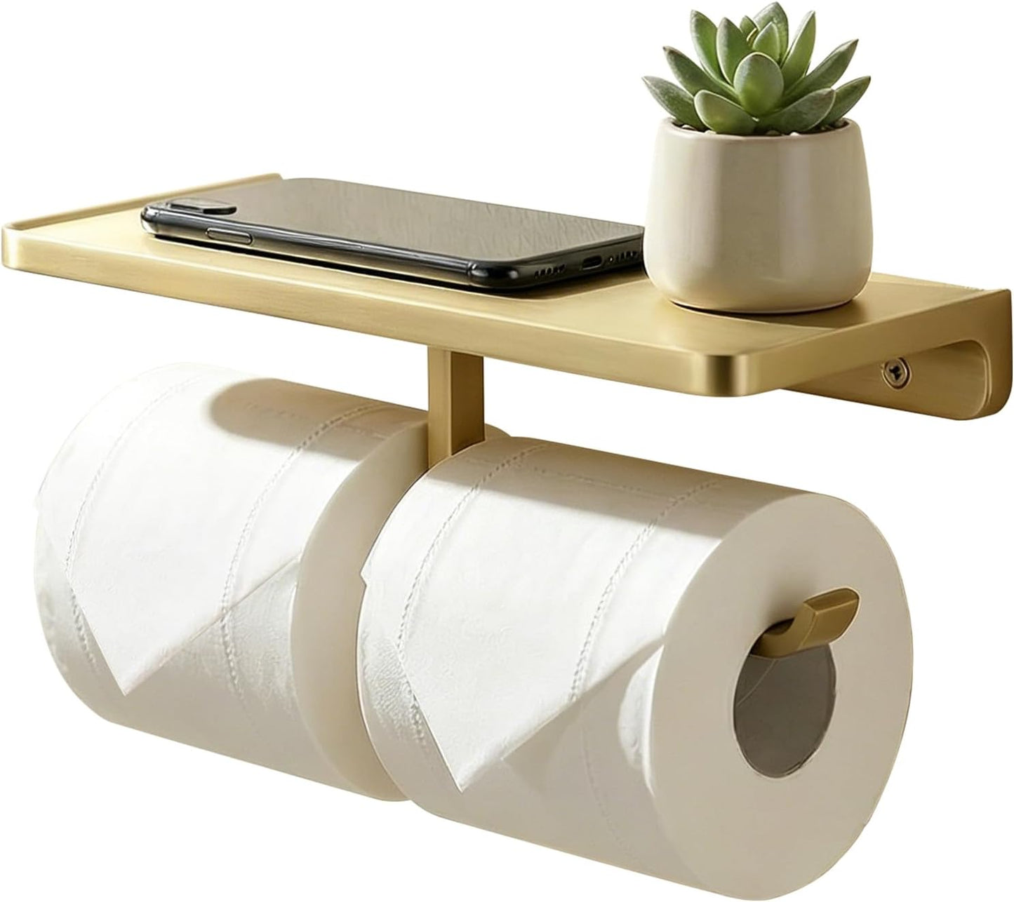 TRUSTMI Toilet Paper Holder with Phone Shelf, Zinc Alloy, Brushed Gold | Solid zinc alloy holder holds 15 lbs and fits jumbo rolls. Shelf stores phones and wipes for easy bathroom organization