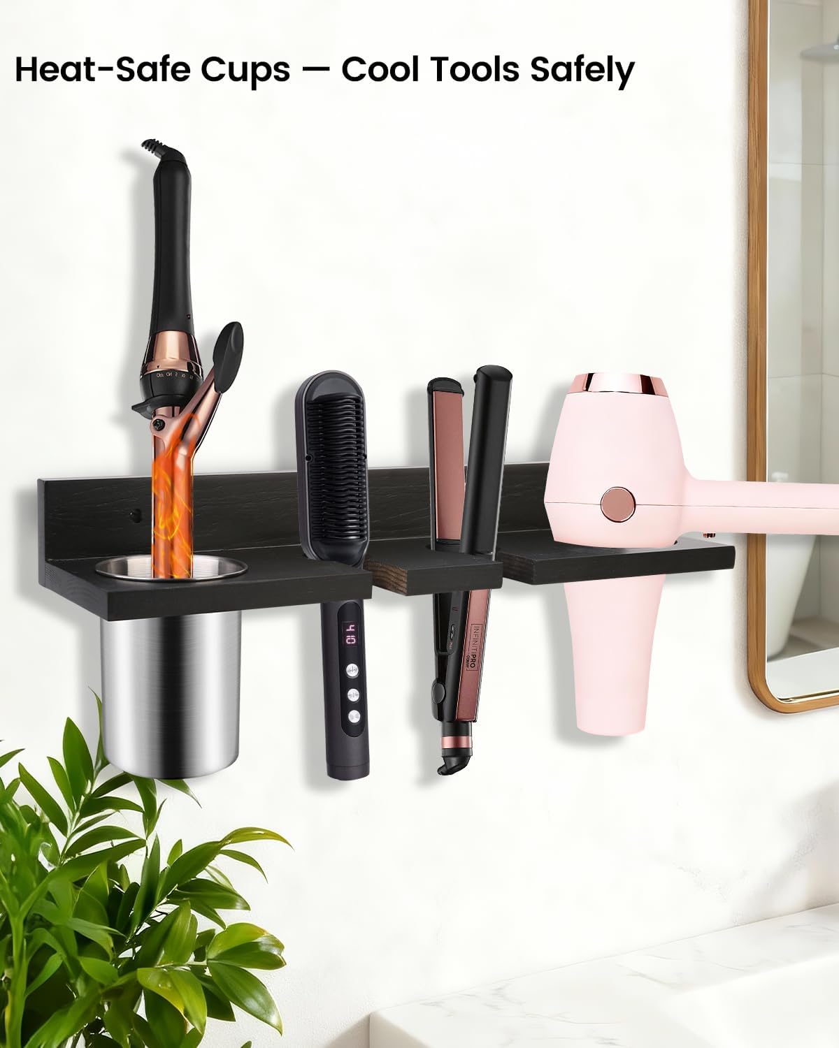 Hair Tool Organizer for Bathroom – Wall Mounted Hair Dryer Holder with Heat-Resistant Cups, Curling Iron & Straightener Rack, Blow Dryer Organizer for Vanity or Wall (Black)