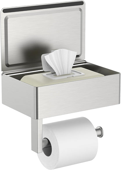 FORIOUS Toilet Paper Holder with Shelf, Wall-Mounted Modern Wipes Dispenser | Brushed Nickel | Toilet Paper Holder with Storage for Bathroom | Fits Wipes, Sanitary Napkin, Tampon | 8.0"x5.3" Large Shelf