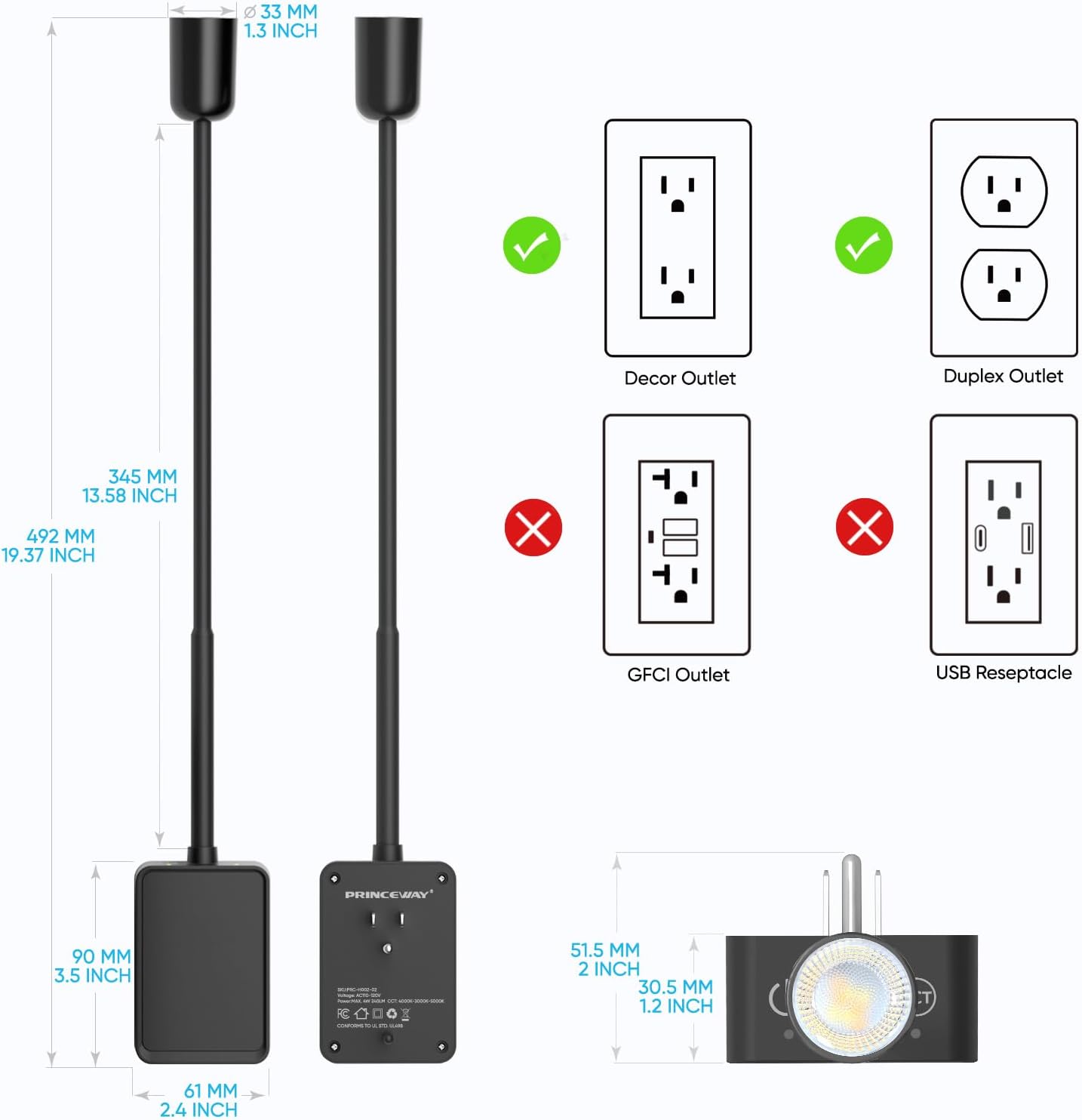 Plug in LED Book Reading Spot Light, White Dimmable Wall Sconce Lamp with Power Plug and Outlet Extender for Kitchen Bedroom Living Room, 3 Lighting Colors, USB Output Charging Ports