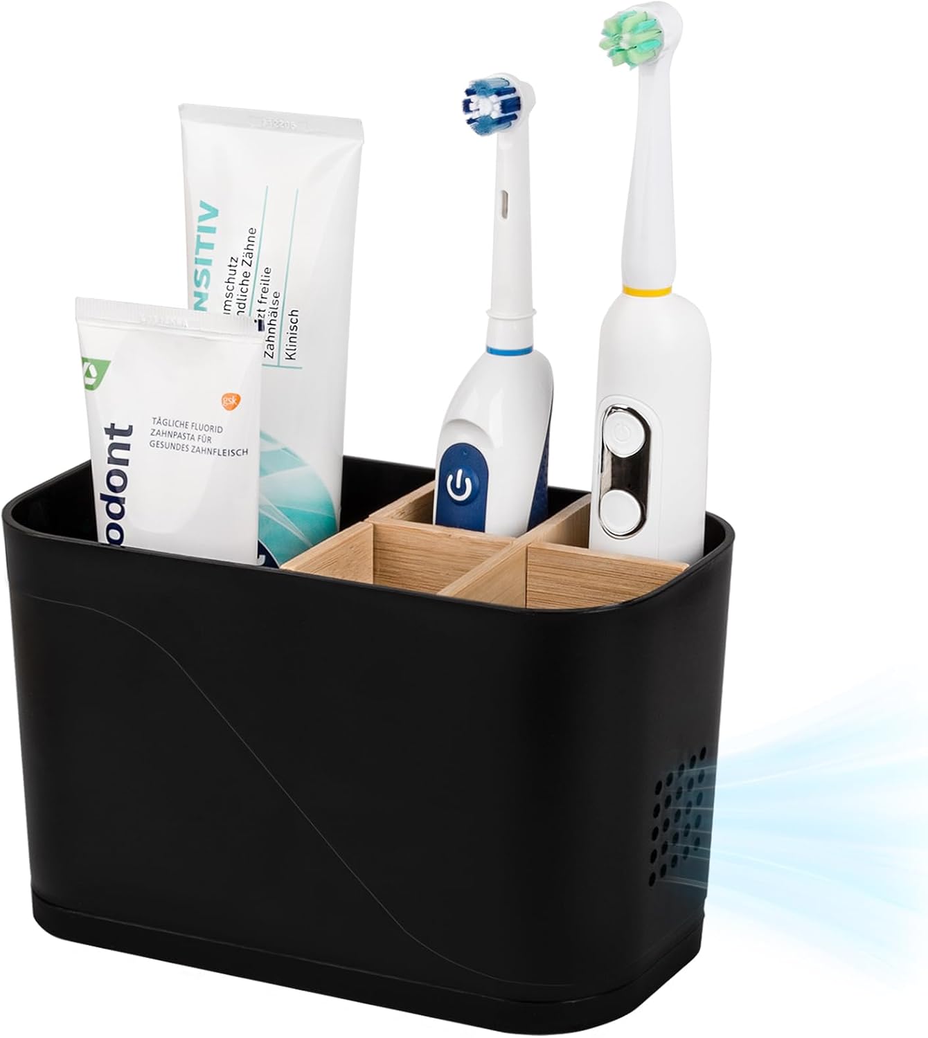 Electric Toothbrush Holder Tooth Brush and Toothpaste Organizer, Black | 3 Slots, Drainage Holes, Removable Bamboo Divider, Ventilation Design, Space-Saving, for Bathroom Countertop, Shower, Vanity