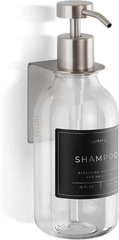 Shower Shampoo Dispenser Wall Mounted – 3 Refillable 16.9 oz Clear Bottles with Stainless Steel Pumps & No-Drill Adhesive Holders – Soap Dispenser Set for Bathroom (3 X Clear/Silver)