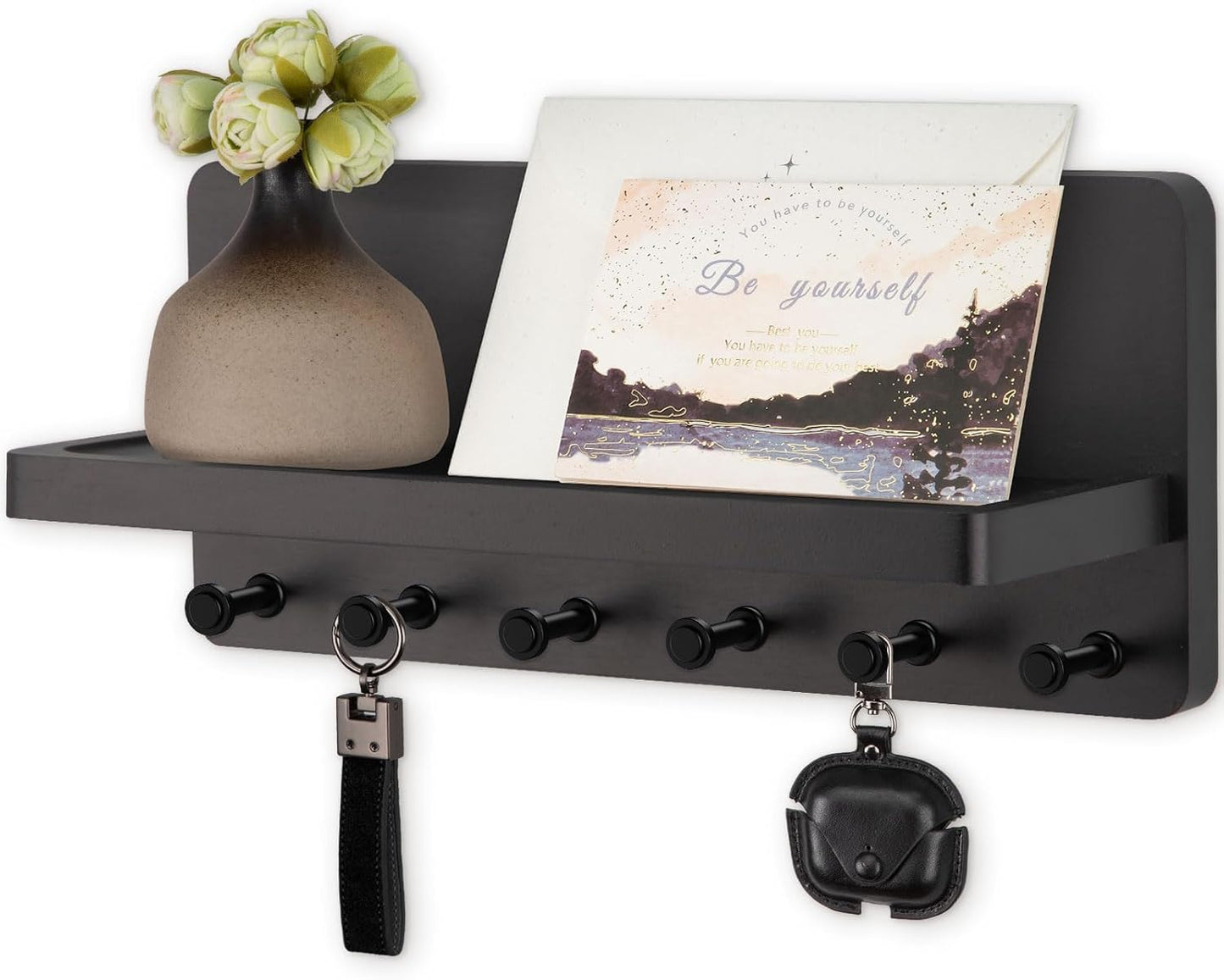 Nekon Key Holder for Wall with Shelf, Pine Wooden Key Hanger, Black | Small Wall Mounted Key Holder with 4 Hooks, Farmhouse Wall Organizer for Home Entryway & Apartment