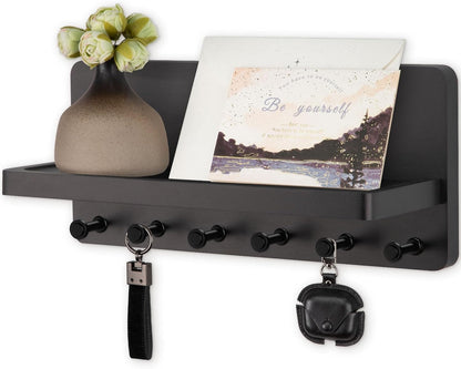 Nekon Key Holder for Wall with Shelf, Pine Wooden Key Hanger, Black | Small Wall Mounted Key Holder with 4 Hooks, Farmhouse Wall Organizer for Home Entryway & Apartment