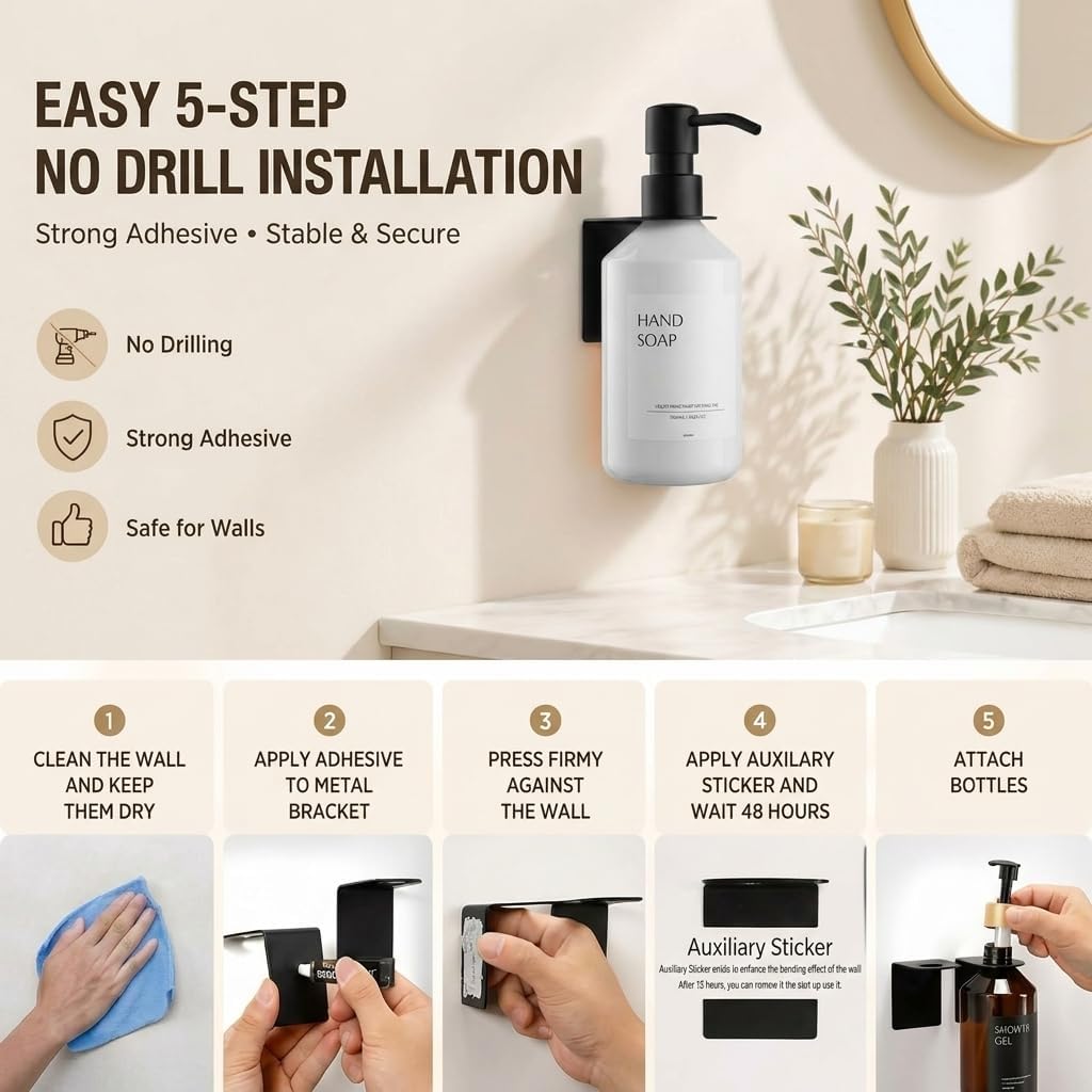 Shampoo and Conditioner Dispenser Set of 3 for Wall Mount | 16.9 fl oz Drill Free Shower Soap Bottles,Refillable Body Wash Dispensers for Bathroom Decor (Amber Bottles + Bamboo Pumps)