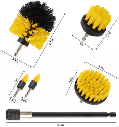 6Pcs Drill Brush Cleaning Kit with Extendable Rod, Yellow | Power Scrubber Attachments, For Shower, Tub, Tile, Grout, For Kitchen and Car
