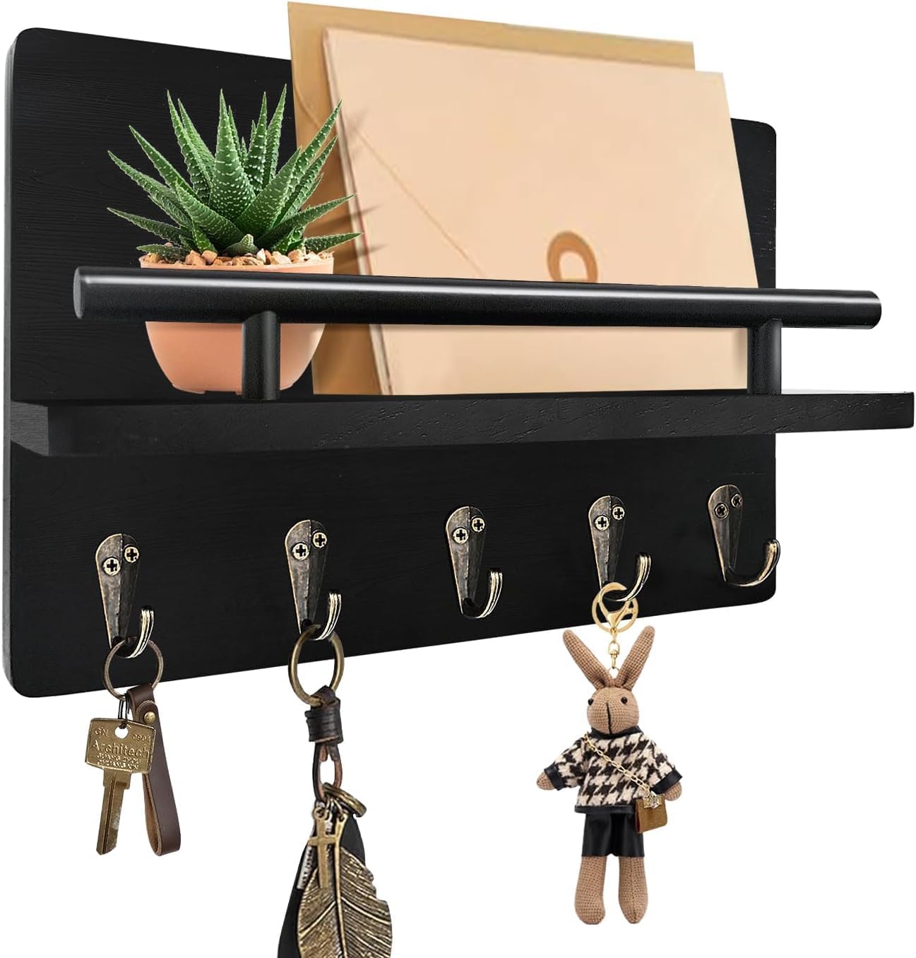 Key Holder Wall Mount, 10 inch Decorative Key and Mail Holder for Wall, with Mail Organizer & 4 Key Hooks, Rustic Wooden Key Rack for Hanging Dog Leash Sunglasses, Entryway Key Hanger, Black