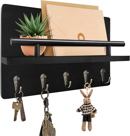 Key Holder Wall Mount, 10 inch Decorative Key and Mail Holder for Wall, with Mail Organizer & 4 Key Hooks, Rustic Wooden Key Rack for Hanging Dog Leash Sunglasses, Entryway Key Hanger, Black