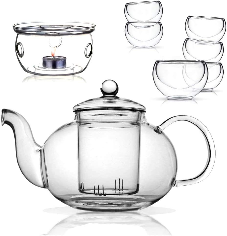 Glass Filtering Tea Maker Teapot with a Warmer and 6 Double-walled Tea Cups Set (Heating base, Standard)