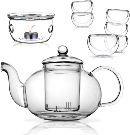 Glass Filtering Tea Maker Teapot with a Warmer and 6 Double-walled Tea Cups Set (Heating base, Standard)